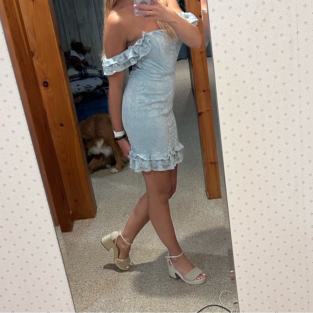 Powder blue off shoulder mini dress